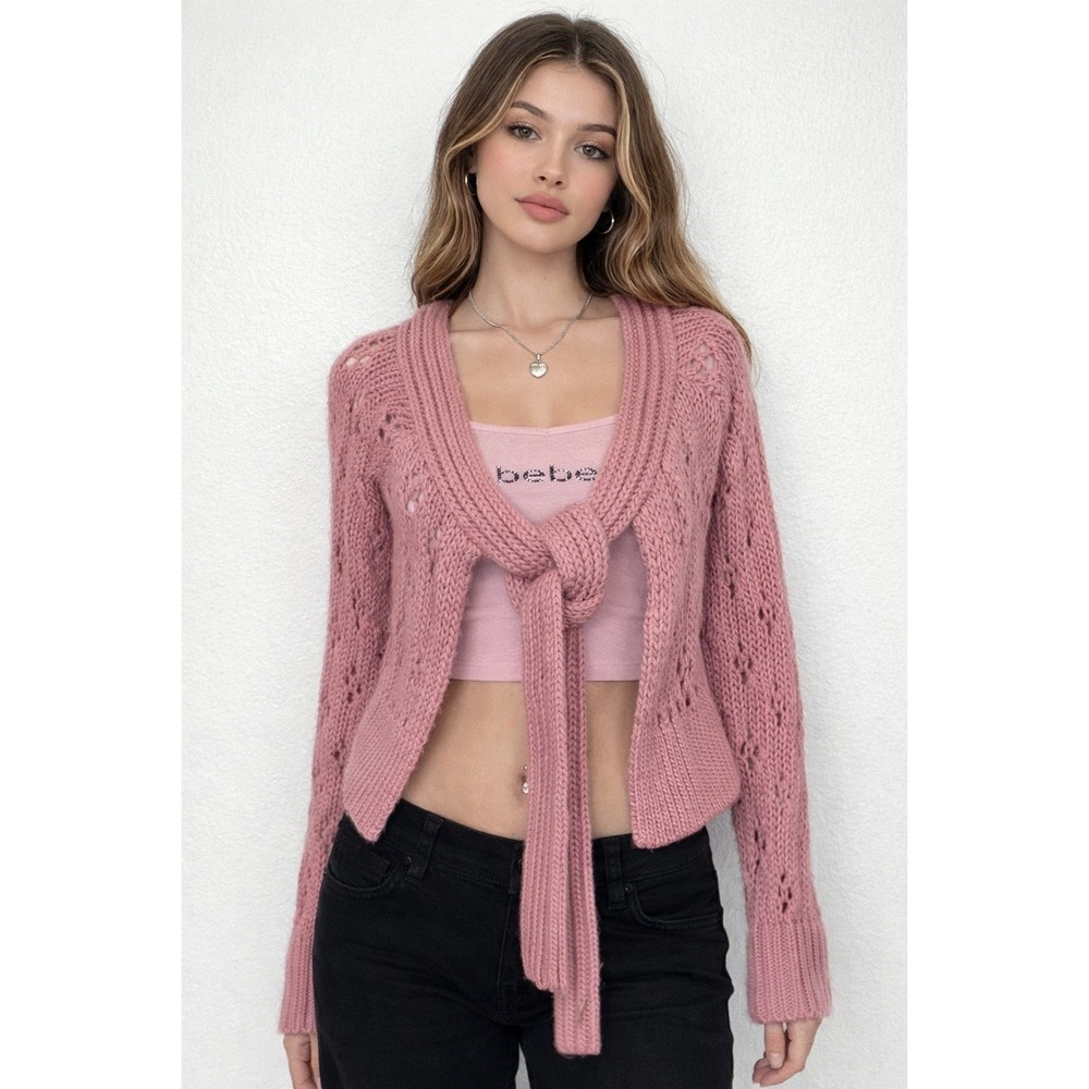 Y2K Bebe Fairy Pink tie-front cardigan‎ ballet core coquette shrug Jrs Med
